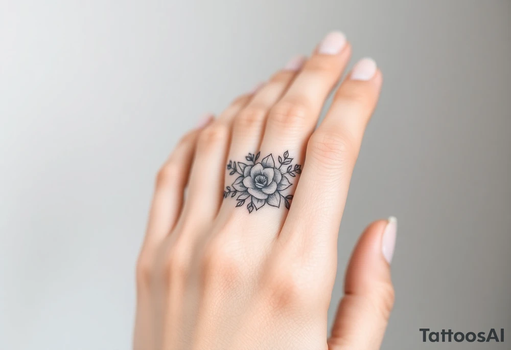 A delicate floral pattern around the entire circumference of the finger, inspired by wedding flowers, such as roses, peonies or lavender. tattoo idea