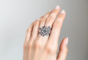 A delicate floral pattern around the entire circumference of the finger, inspired by wedding flowers, such as roses, peonies or lavender. tattoo idea