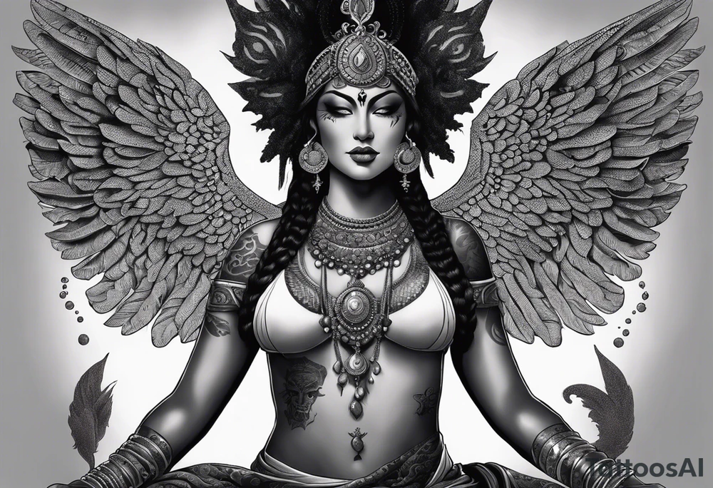 black kali, goddess pirate, alien, angel, pachamama, valkrye, warrior, flying, skull, lotus azul, wing, eagle, zenza resonance, stars, 5D, anahata chakra, death, durga, riding on a tiger, flying lady, kundalini, chest tatoo, samuri, rebel,serpent tattoo idea