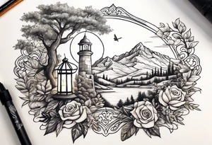 create Mediterranean climate with mountain in the background, add an oak tree, rose bush, dove with olive leaf, singing nightingale, lantern with a lit candle. tattoo idea