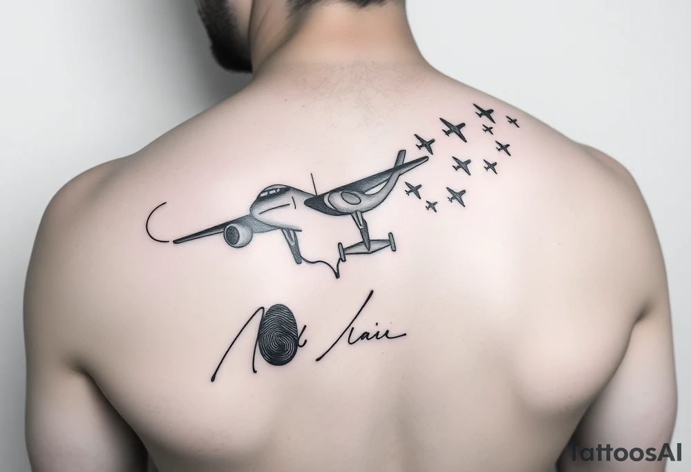 Memorial tattoo using line drawing style in black with shading. The design should flow up from his signature on the bottom, shading into fingerprints and the melting into small planes flying away to the top right. This will go on the left shoulder. tattoo idea