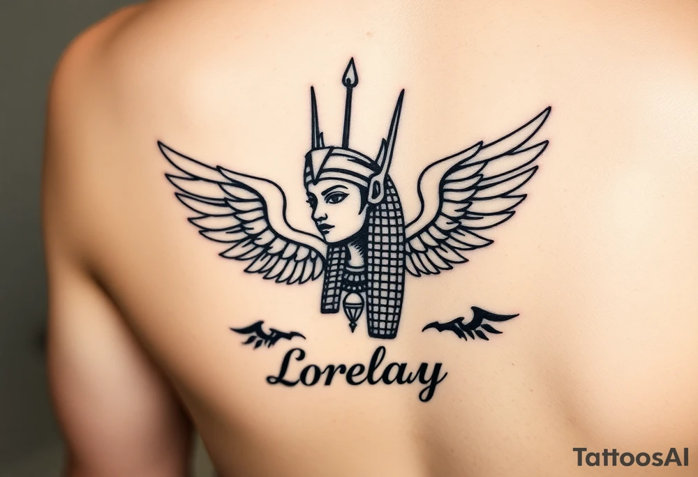 Créame un diseño en miniatura para el bíceps de un personaje principal chica 
de la cultura de egipcia con el nombre de lorelay escrito por debajo del diseño tattoo idea