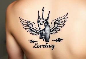 Créame un diseño en miniatura para el bíceps de un personaje principal chica 
de la cultura de egipcia con el nombre de lorelay escrito por debajo del diseño tattoo idea