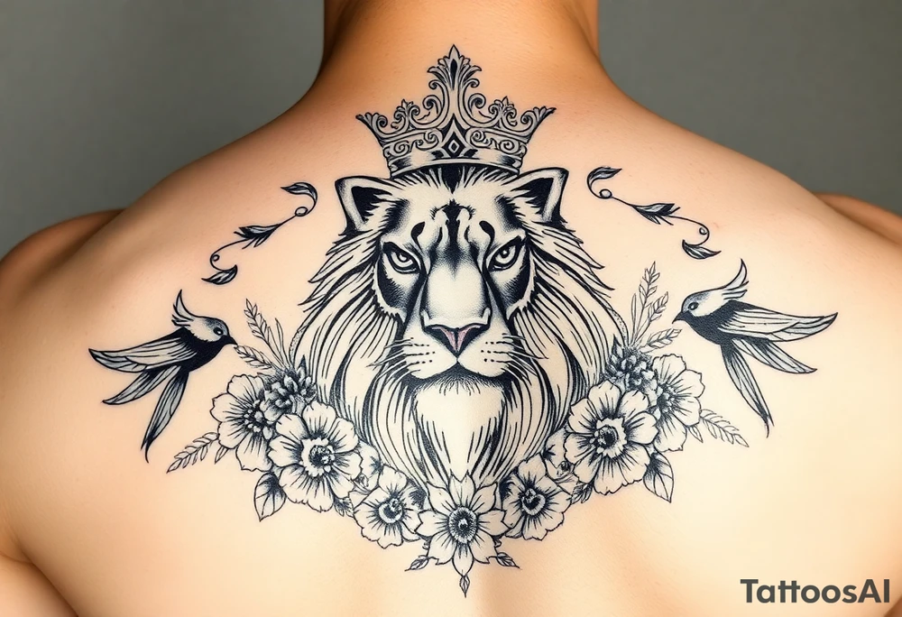 powerful majestic lion with a crown, surrounded by floral ornaments and birds tattoo idea