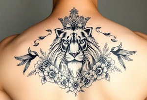 powerful majestic lion with a crown, surrounded by floral ornaments and birds tattoo idea
