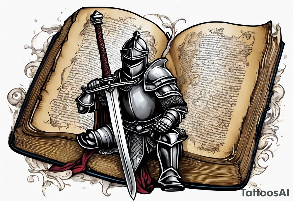 a knight pulling a sword out of an open bible tattoo idea