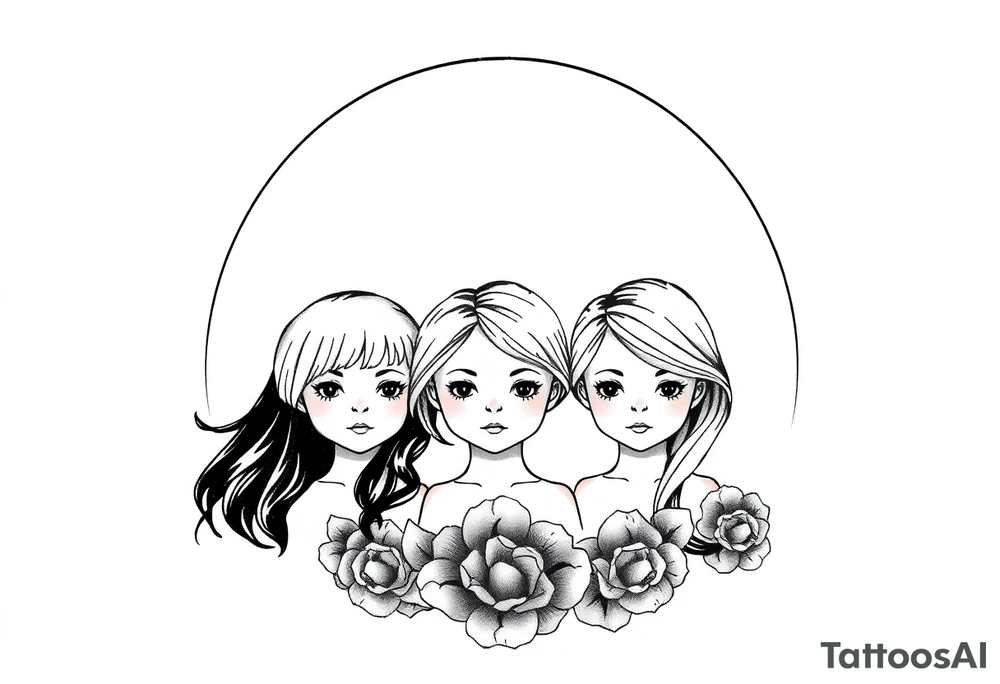 3 petites filles ( une cheveux noir et deux blondes)
sous un arc en ciel incomplet tattoo idea