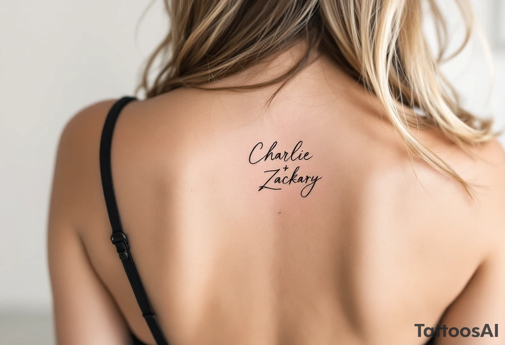 Create a delicate tattoo design that seamlessly integrates the names "Charlie" and "Zackary" in graceful, flowing cursive. Enclose the names within a softly stylized symbol that embodies strength and unity tattoo idea
