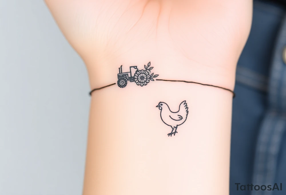 A bracelet that includes a very small tractor and bouquet flowers and a hen tattoo idea