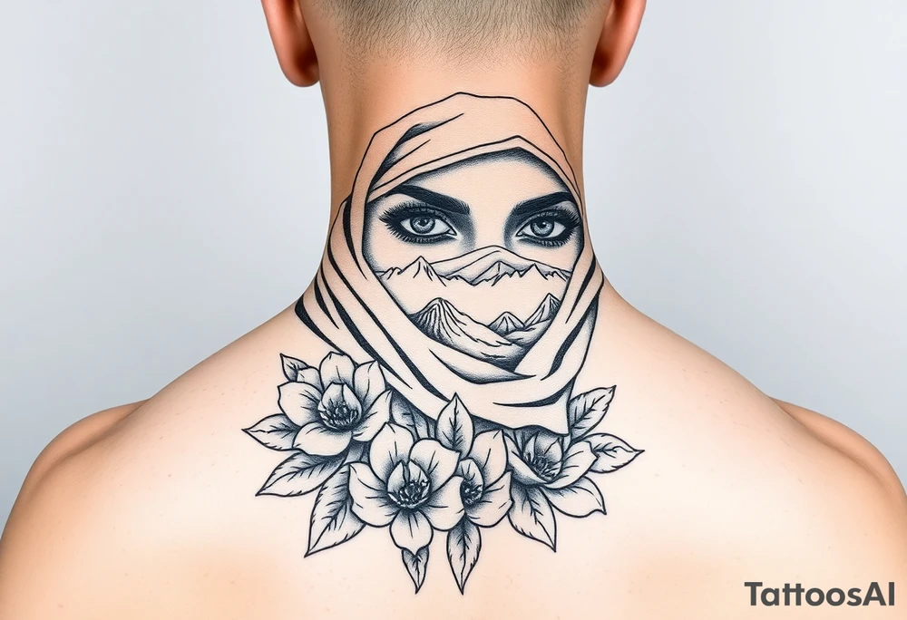 Arab woman with scarf over face with mountains lotus flowers and el paso tx culture tattoo idea