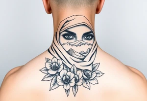 Arab woman with scarf over face with mountains lotus flowers and el paso tx culture tattoo idea