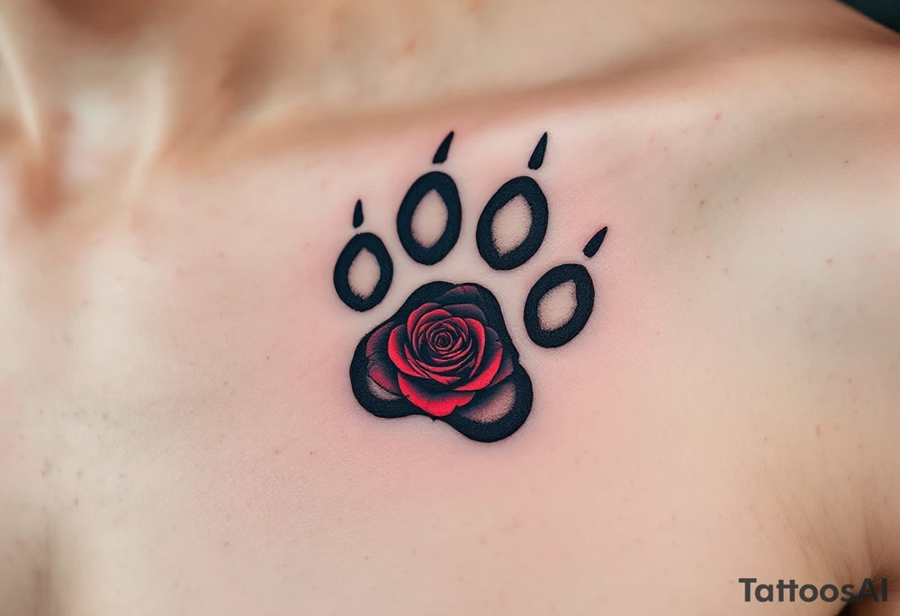 A detailed paw print with a heart-shaped hole in the center, filled with a deep red rose, showcasing love and protection. tattoo idea