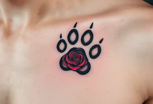 A detailed paw print with a heart-shaped hole in the center, filled with a deep red rose, showcasing love and protection. tattoo idea