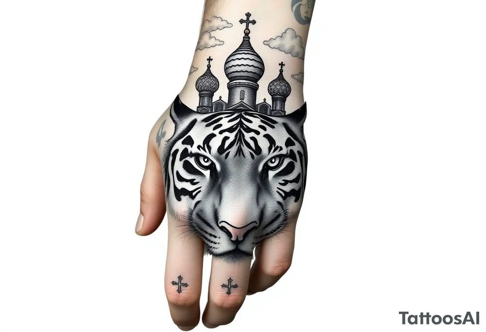 Realistic tiger face on the back of the hand with strong contrast and fine detail with hollow black eyes. with a highly detailed Russian Orthodox cathedral sitting above on fore arm with onion domes and orthodox crosses, done in fine line, engraving-like style. Cohesive composition, black ink only, no color, high contrast, slightly aged, documentary-style, plain light background. with clouds above and a virgin mary tattoo idea