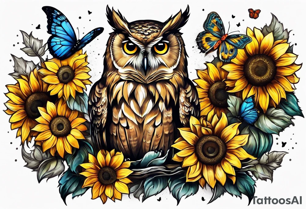 Owl surrounded with sunflowers and one butterfly tattoo idea