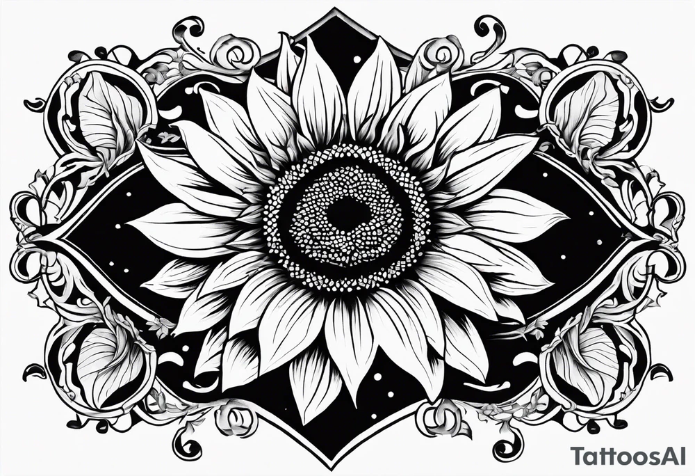 Beautiful symmetrical trail of sunflowers with the word NAJE in the middle tattoo idea