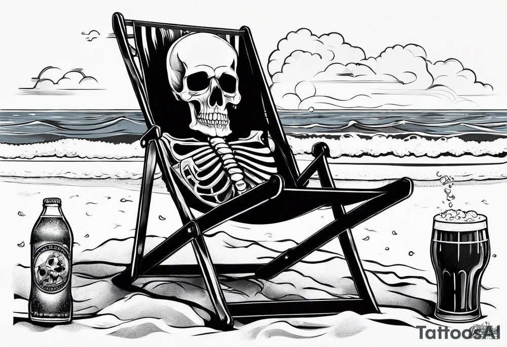 Skull smoke on the beach sitting in a beach chair with a beer in its hand tattoo idea