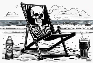 Skull smoke on the beach sitting in a beach chair with a beer in its hand tattoo idea