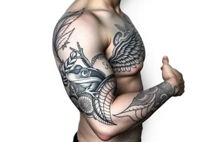 Full Sleeve tattoo including details of jungle leaves, Taino frog , Puerto Rican tribal patterns, angel wing tattoo idea