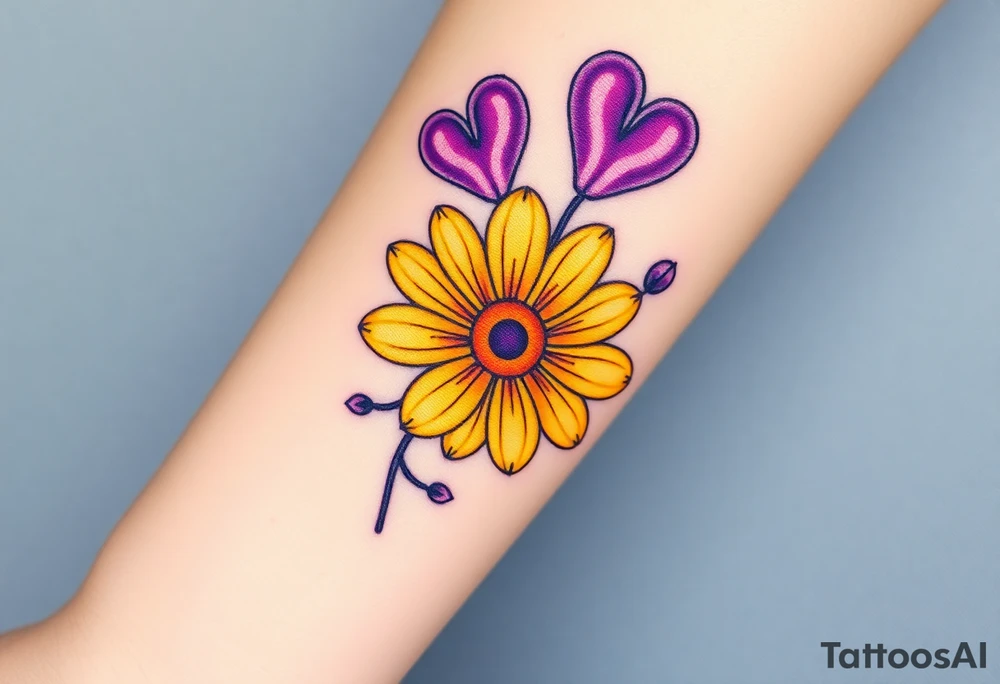 Yellow daisy flower with Purple Hearts tattoo idea