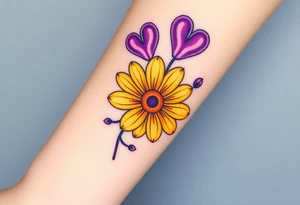 Yellow daisy flower with Purple Hearts tattoo idea