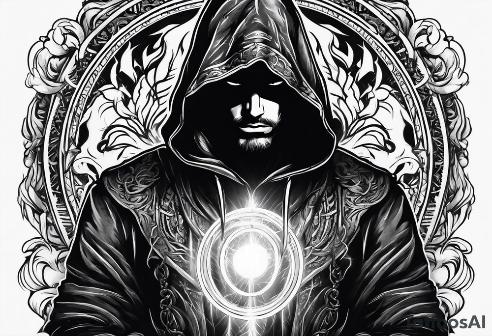 Hooded figure with a ring of lightning behind him tattoo idea