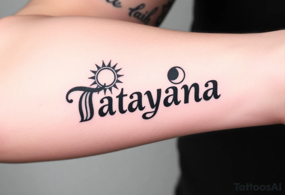 Tatayana name tattoo for a father using old English lettering and sun and moon that starts reading from the wrist to the elbow tattoo idea