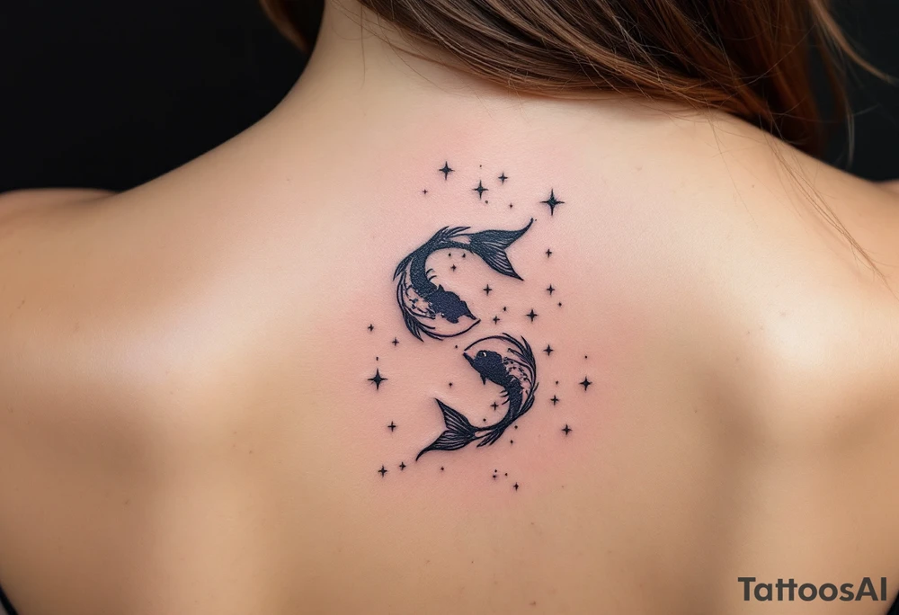 A bold black Pisces sign sits under a glowing gradient of starlight forming the constellation in icy shades. tattoo idea