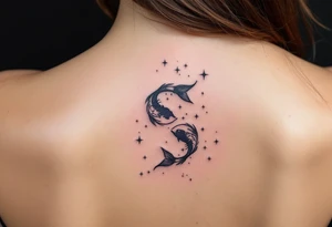 A bold black Pisces sign sits under a glowing gradient of starlight forming the constellation in icy shades. tattoo idea