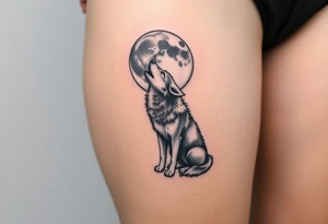 lone wolf howling at full moon with northern lights backdrop tattoo idea