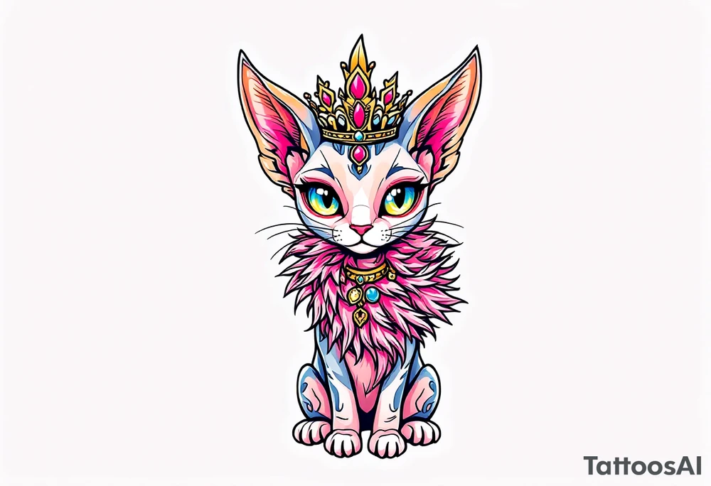 Chibi new school Glamorous sphinx cat with a pink feather boa and wearing a crown tattoo idea