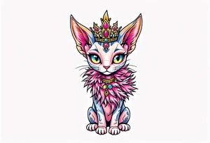Chibi new school Glamorous sphinx cat with a pink feather boa and wearing a crown tattoo idea