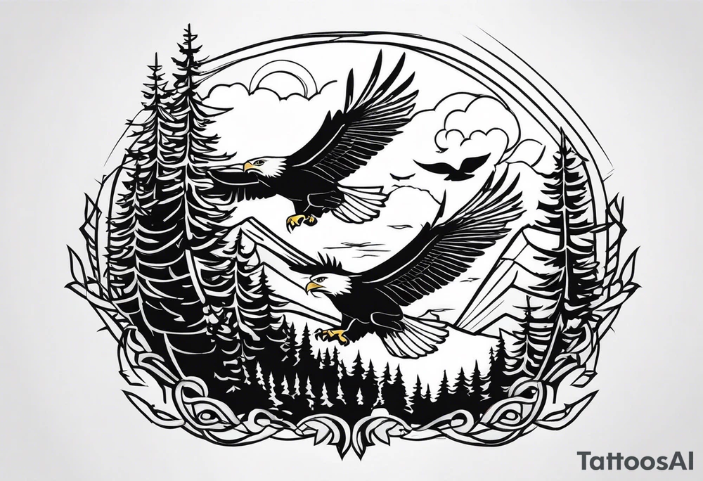 Eagle flying over trees tattoo idea
