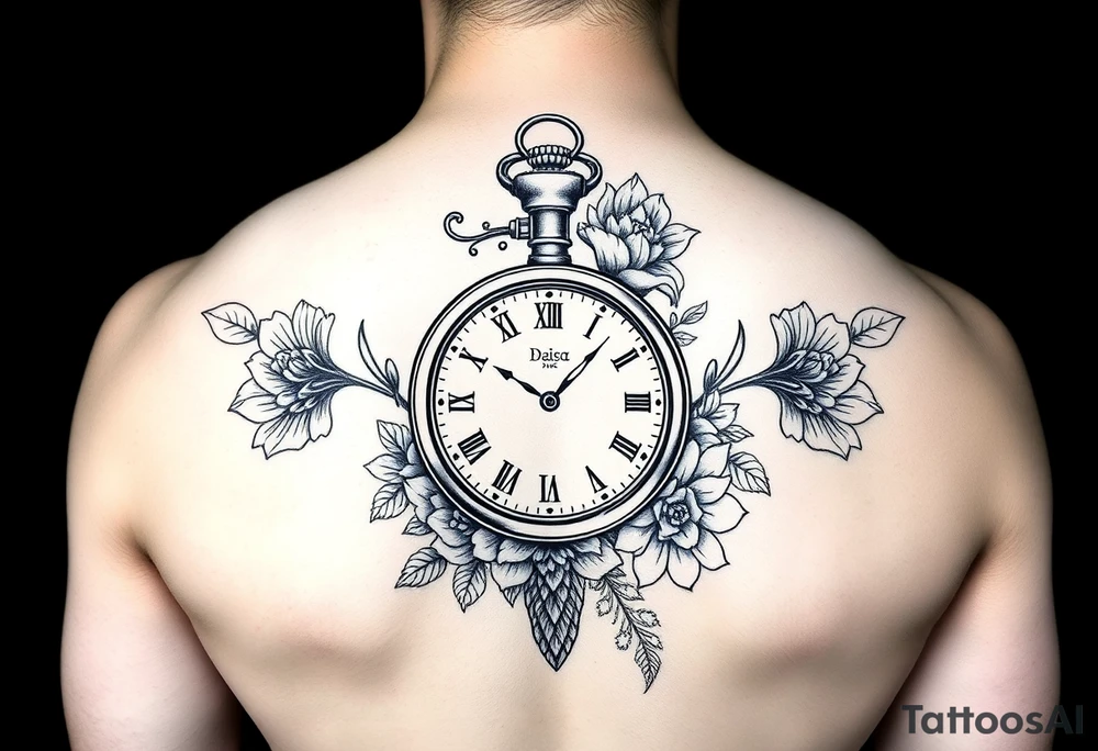 Female full sleeve black and white Mandela floral pocket watch tattoo idea