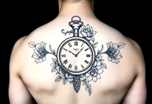 Female full sleeve black and white Mandela floral pocket watch tattoo idea