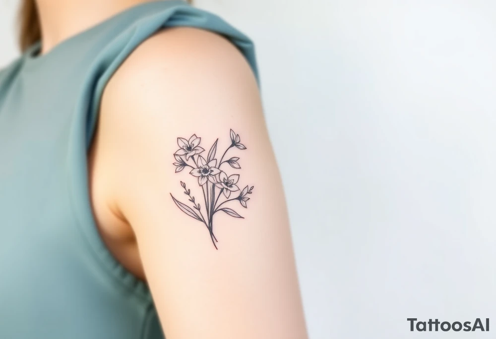 Feminine daffodils, Lily of the valley and larkspur bouquet tattoo idea