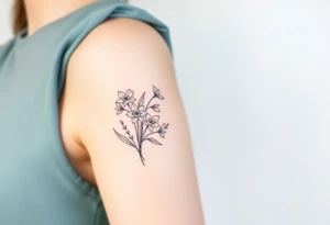 Feminine daffodils, Lily of the valley and larkspur bouquet tattoo idea