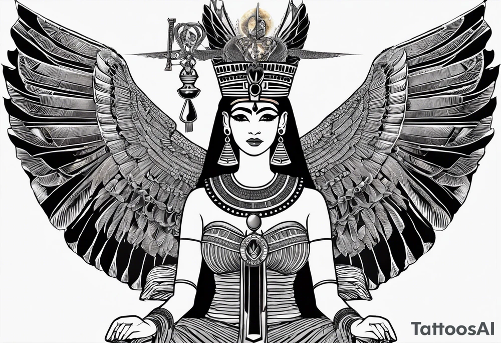 black and white Egyptian goddess Isis, who is often depicted as a woman with outstretched wings, holding an ankh (a symbol of life) in one hand and a lotus flower in the other. Her headdress often includes a throne or a solar disk. The tattoo design can vary in style and size, but it typically aims to capture the essence of this revered Egyptian deity, emphasizing her beauty, power, and maternal qualities. The choice of colors and additional elements can also be customized to create a unique and visually striking representation of the goddess Isis tattoo idea