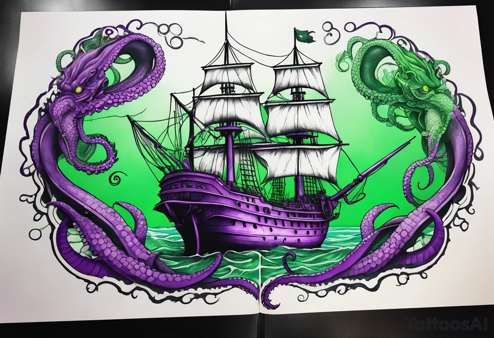 Purple and green kraken breaking ship tattoo idea