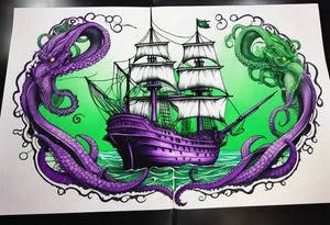 Purple and green kraken breaking ship tattoo idea