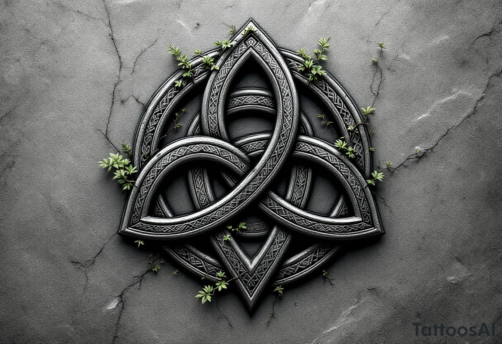 Celtic Trinity Knot with Stone Texture and Vines – A bold, interwoven Celtic triquetra (trinity knot) carved into weathered stone, with fine moss and ivy vines wrapping through the loops. The design is textured like ancient granite, in stone gray, deep forest green, and subtle earthy brown tones, evoking timelessness and natural connection. tattoo idea