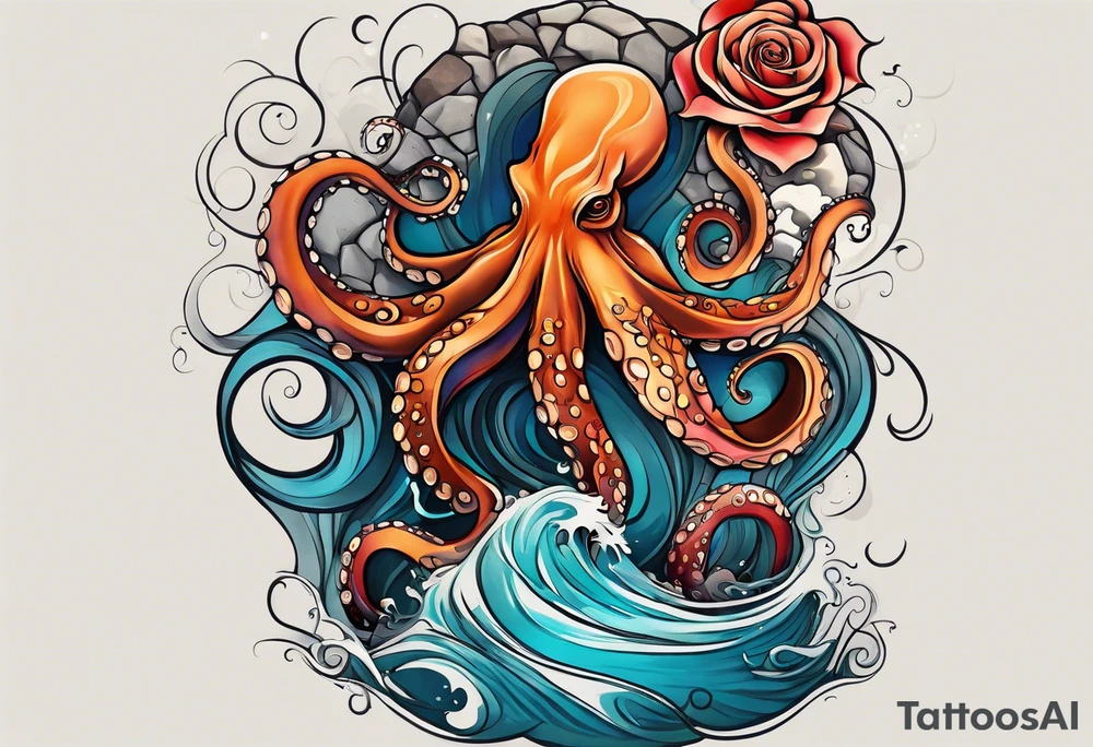 masculine abstract left thigh tattoo with a large octopus in water swirls wrapping around rocks, a rose, in fall colors with some small leaves and fall elements tattoo idea