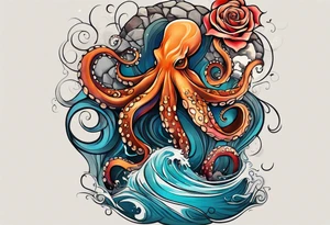 masculine abstract left thigh tattoo with a large octopus in water swirls wrapping around rocks, a rose, in fall colors with some small leaves and fall elements tattoo idea