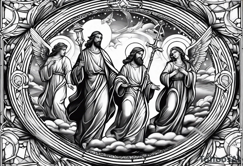 heaven, god, Jesus, angels sleeve tattoo idea