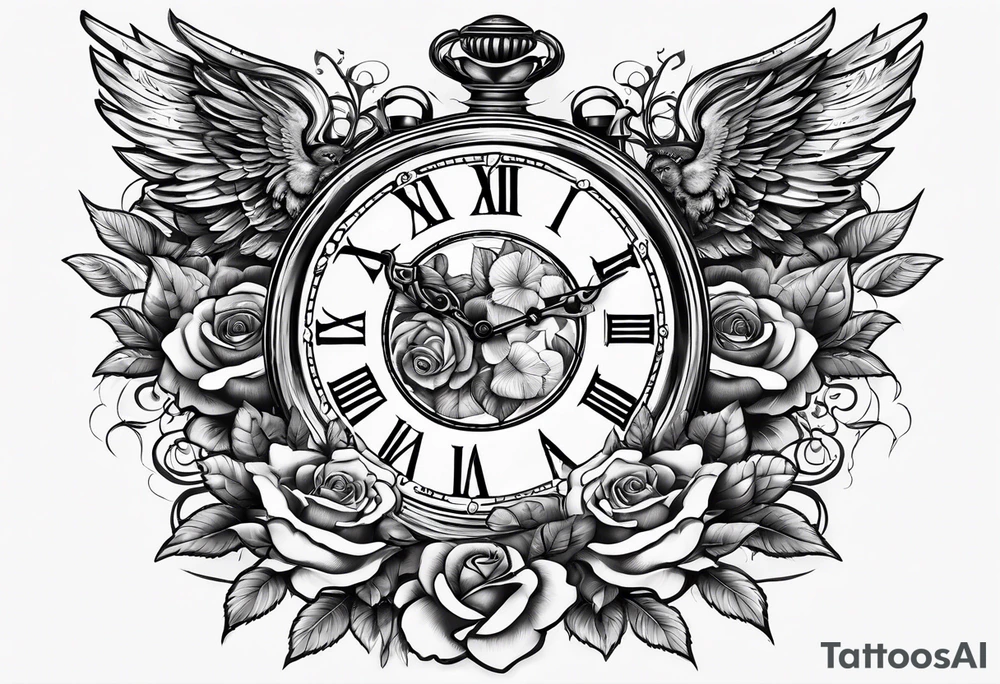 A clock with angels Greek gods a rose tattoo idea