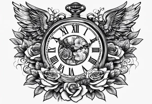 A clock with angels Greek gods a rose tattoo idea