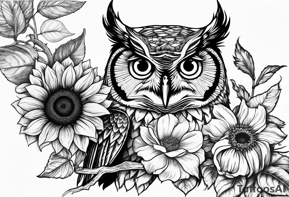 Sunflower and rose flower, owl tattoo idea