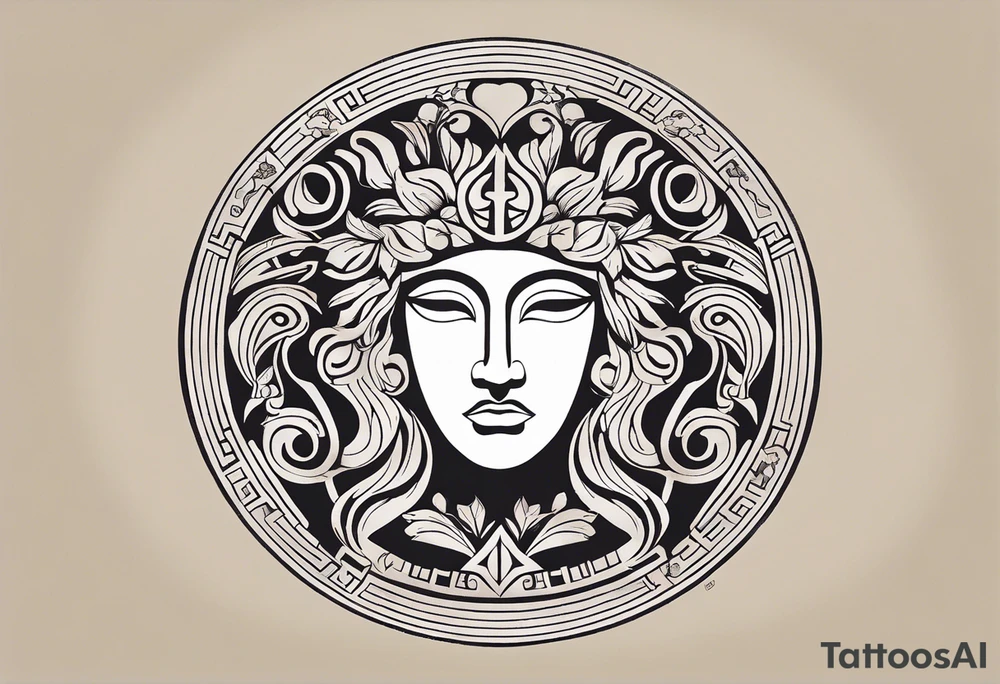 "Design a minimalist round tattoo inspired by ancient Greek art, centered around Dionysus and his love for theater. Create a circular composition with Dionysus depicted in the center, holding a theatrical mask and a goblet of wine. Surround him with simple yet symbolic elements such as geometric patterns reminiscent of ancient Greek pottery. Ensure the design maintains a minimalist style, with clean lines and limited detail, while capturing the essence of Dionysus's affinity for both wine and theater within the circular frame." tattoo idea