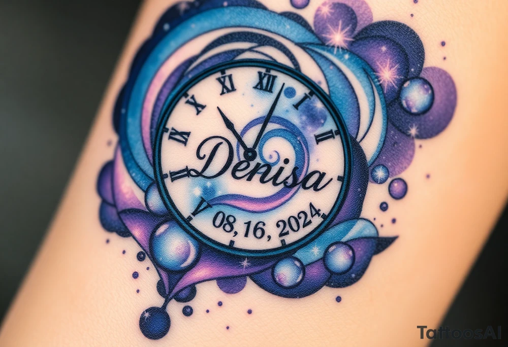 A clock made from swirling galaxies with name "Denisa" and date "08. 06. 2024", symbolizing a love that was destined in the stars, in deep blues, purples, and silver tattoo idea