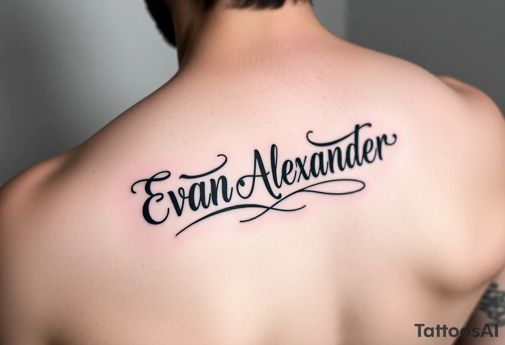 Name tattoo that says Evan Alexander scroll 
on forearm tattoo idea